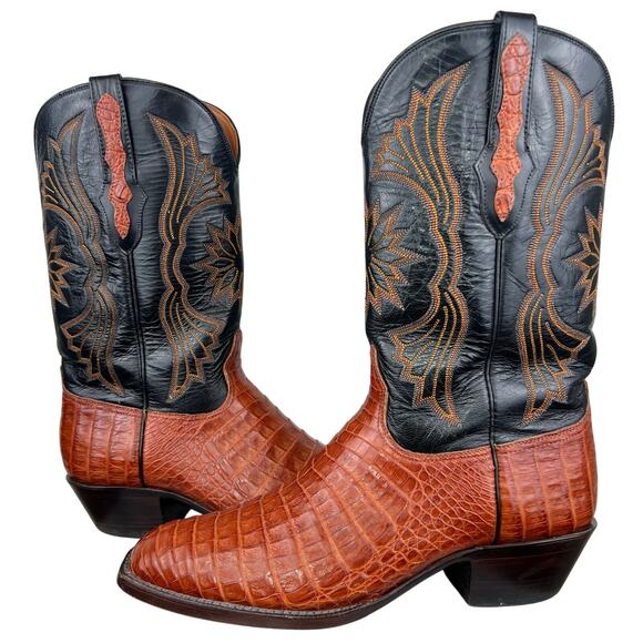 Black Jack Men's Orange Black Caiman Belly Square Toe Exotic Cowboy Boots 11.5 - Picture 1 of 12